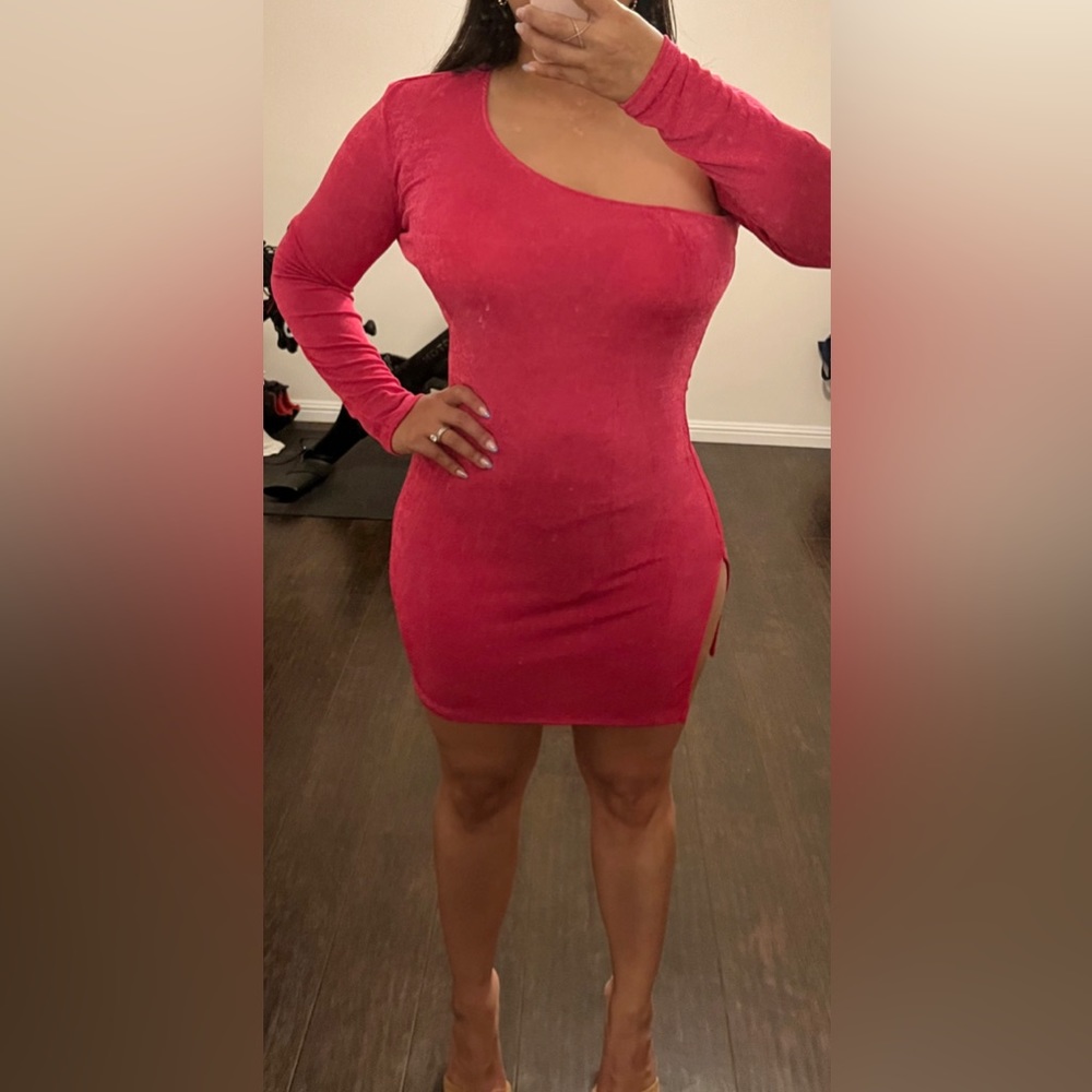 PLT-Pink Acetate Slinky Asymmetric Neck Long Sleeve Bodycon Dress, 10